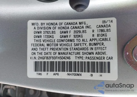 2015 Honda Civic Ex-L из США, поврежденный, VIN 2HGFB2F93FH504246